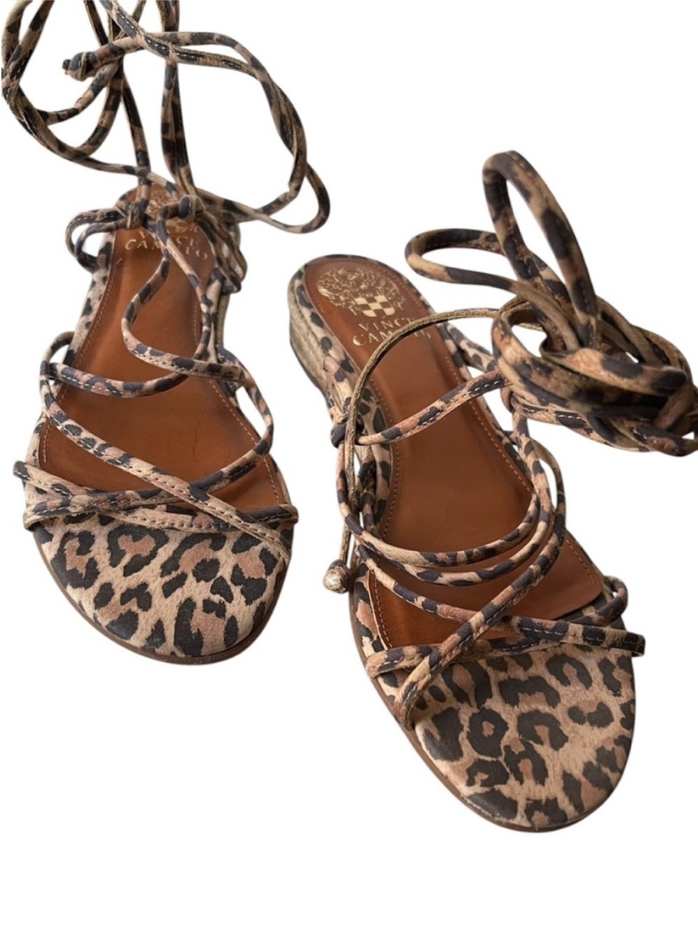 Vince Camuto Women's Leather Leopard Lace-up Sandals, 1 inch WEDGE
HEEL,Size 5.5